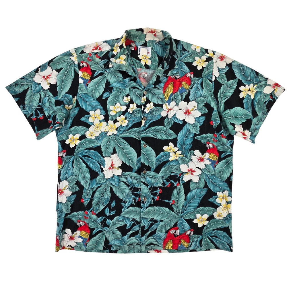 Vintage Hawaii Parrot Hibiscus Floral Button Down Shirt Mens Black Tropical XL